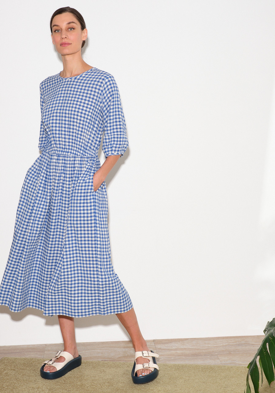 blue and white gingham dress